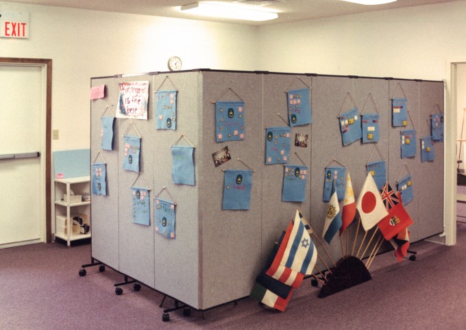 The tackable feature of the Screenflex acoustical panels is well utilized at this elementary school as they hang artwork on the panels 