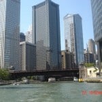 View down the Chicago River aboard the Chicago River Taxi