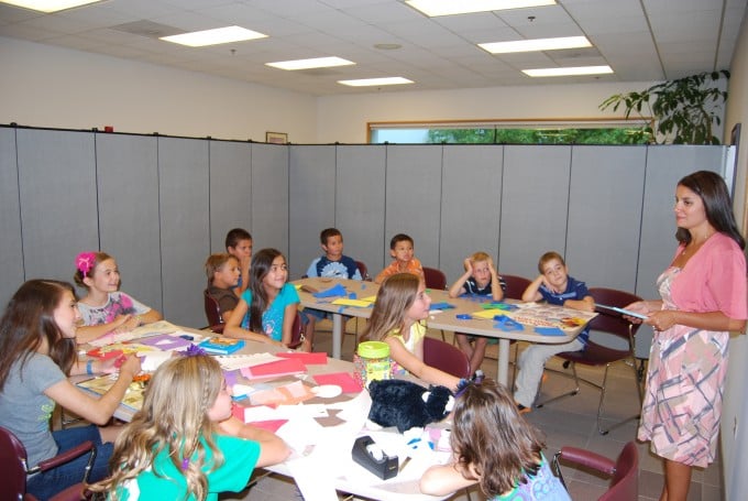 Classroom partitions create a classroom in a small cafeteria