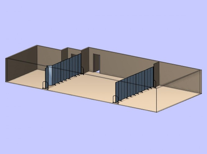 A virtual image of two folding partition walls separating a room into three classrooms