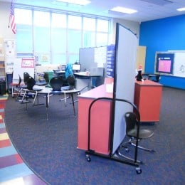 Classroom divided into two instructional areas with a Screenflex Room Divider