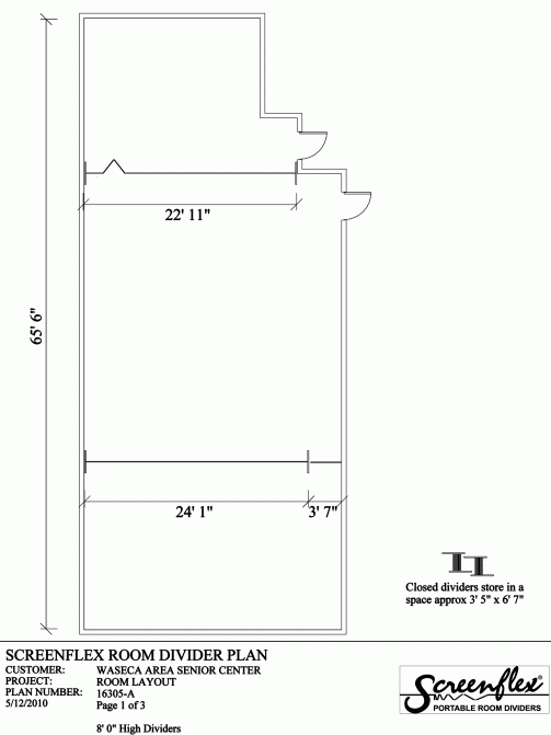 A sketch of two room dividers splitting a room into three classrooms