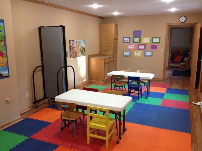 Portable church room dividers stored against a wall