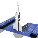 A white church image on a blueprint