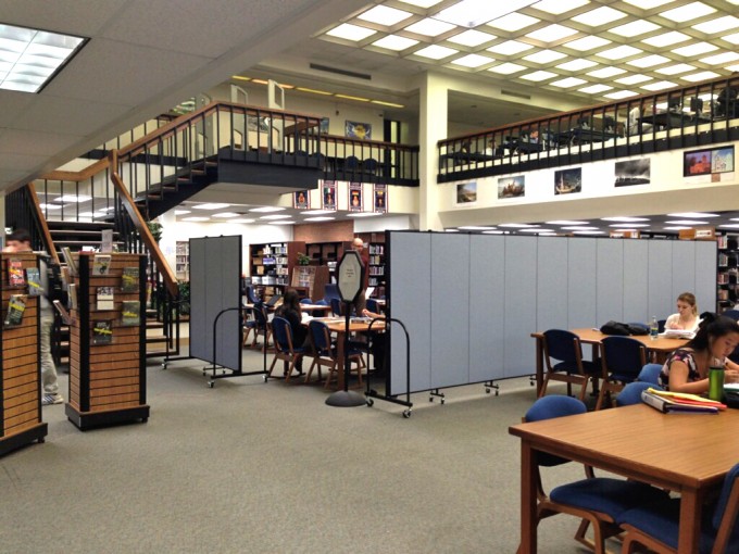 Portions of a high school library are tranformed into a classroom with room dividers Naperville North High School Collaberative learning areas