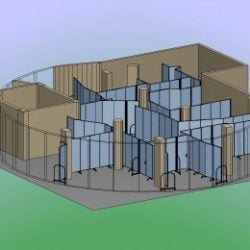 An illustration of an odd shaped classroom dissected into smaller classrooms with the help of blue portable walls