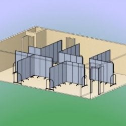6 blue room dividers each formed into an L-shape to create several classrooms within one large room