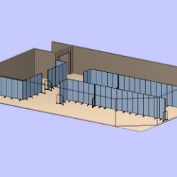 An illustration of a large room divided by two long, straight portable partitions on the right side of the large room and two dividers form a square classroom on the left side of the room