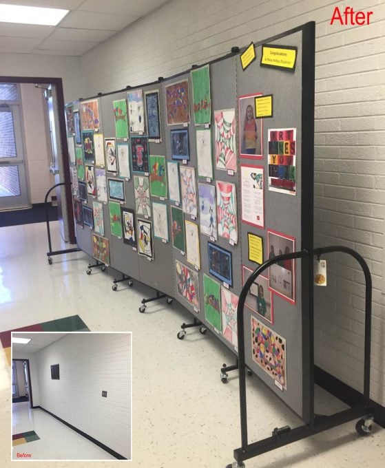 Art display boards in a hallway