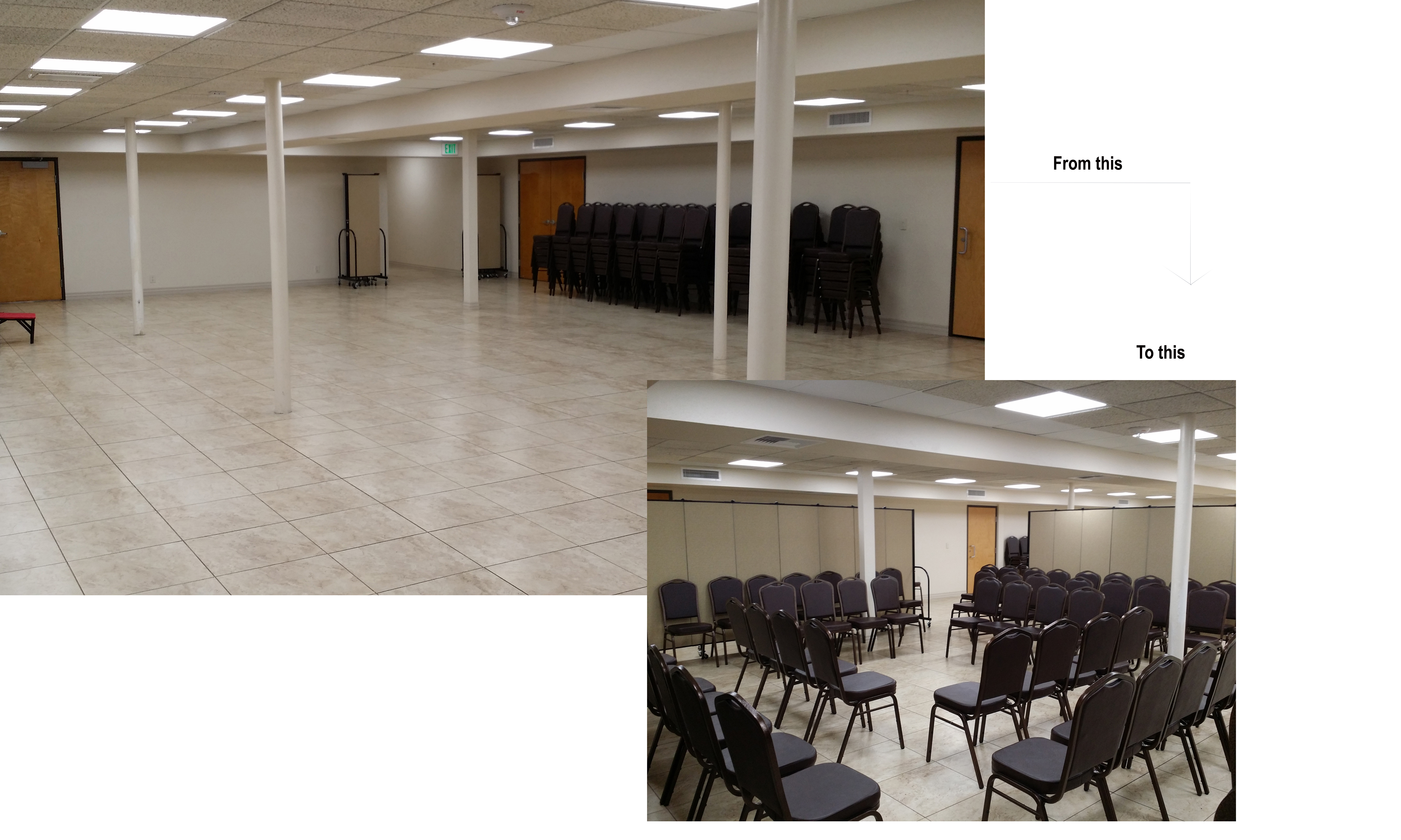 Church dividers convert a church basement into multiple classrooms