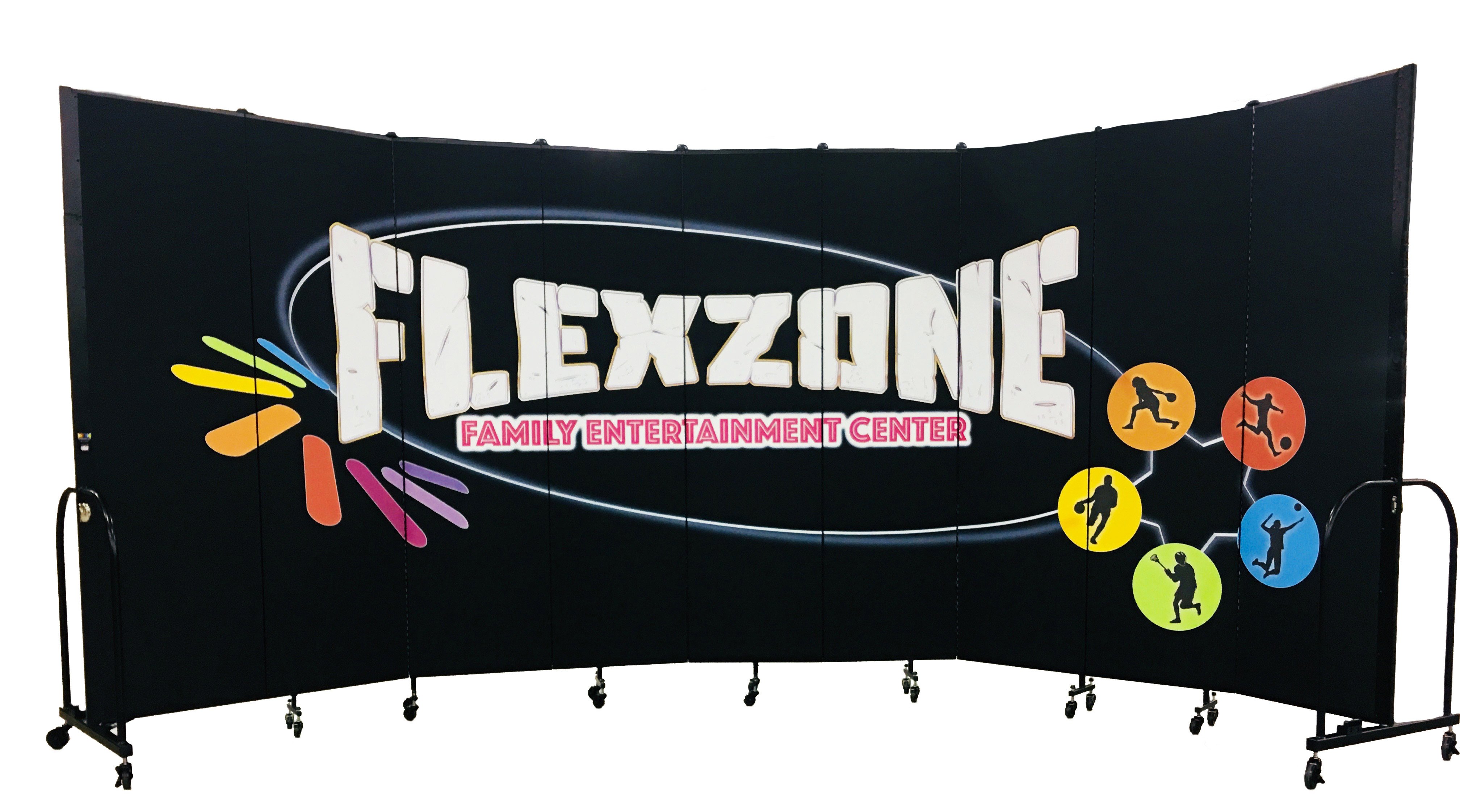 A mural titled Flexzone is printed on a black room divider