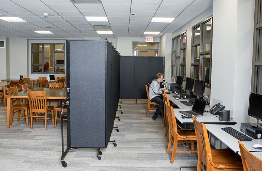 Room dividers creates a gaming room in a shared library space