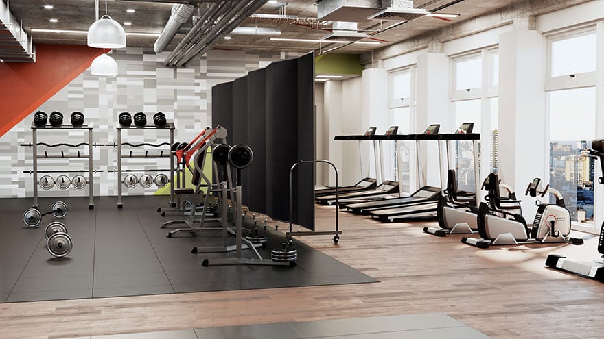 A foldable room divider separates a weight training space from elliptical machines