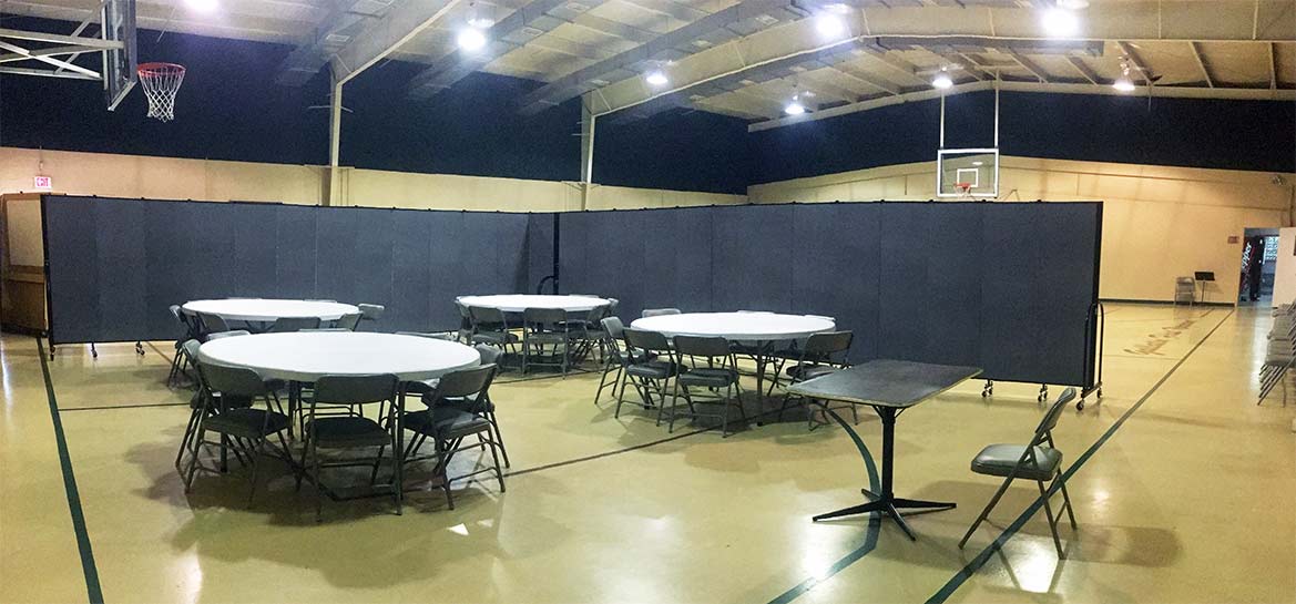 Sunday school set up in a gymnasium