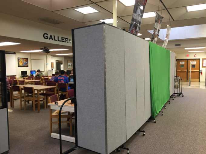 Room divider separates a library into two learning pods