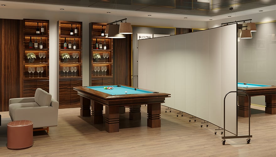 Pool hall divided with room divider to create a private space