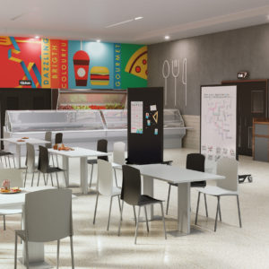 3 ballistic panels in the front of a school cafeteria