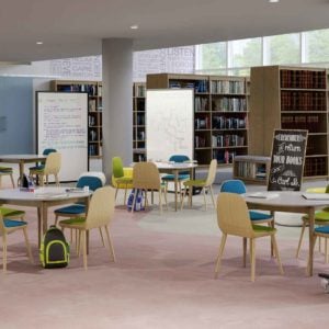 ballistic panels surrounding library desks and chairs