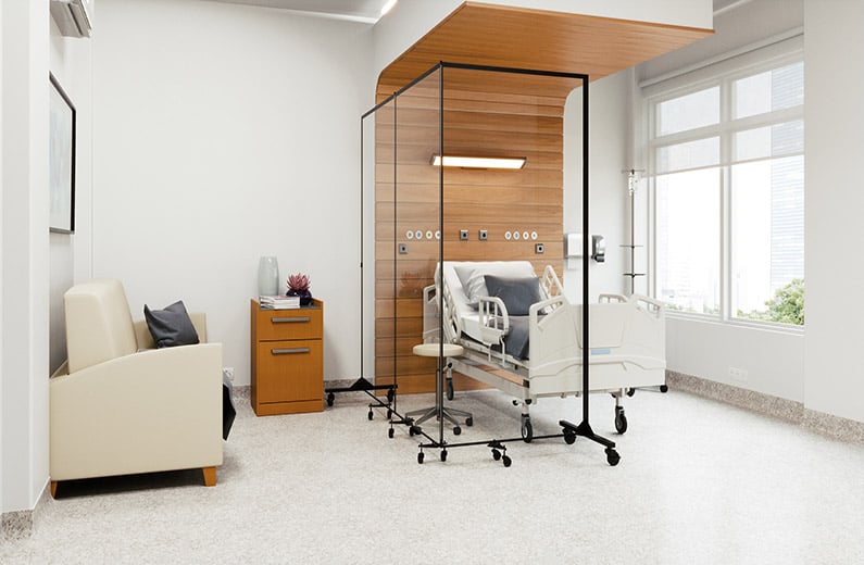 Clear Room Divider Surrounds Hospital Bed