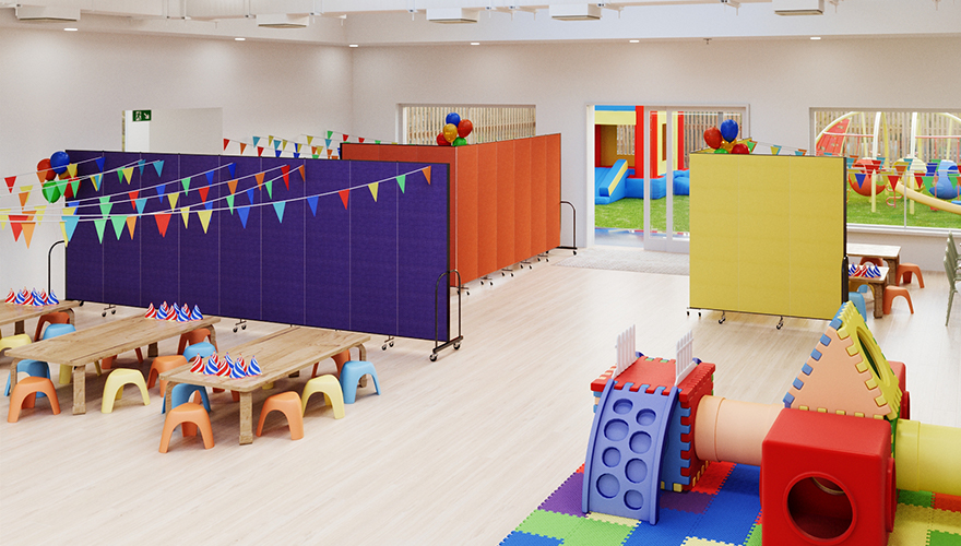 a large brightly colored party room with a play place and private areas