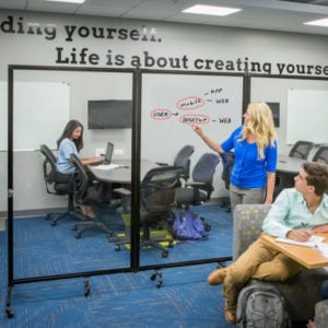 business woman writing on a clear divider