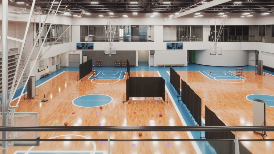 basketball gymnasium with black room dividers