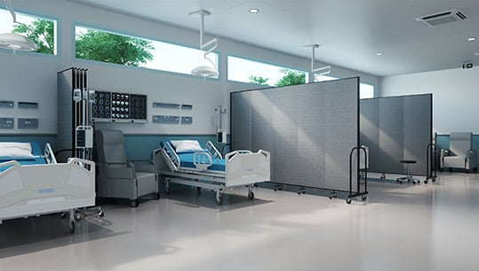 optimal healing environments-hospital room with gray room dividers