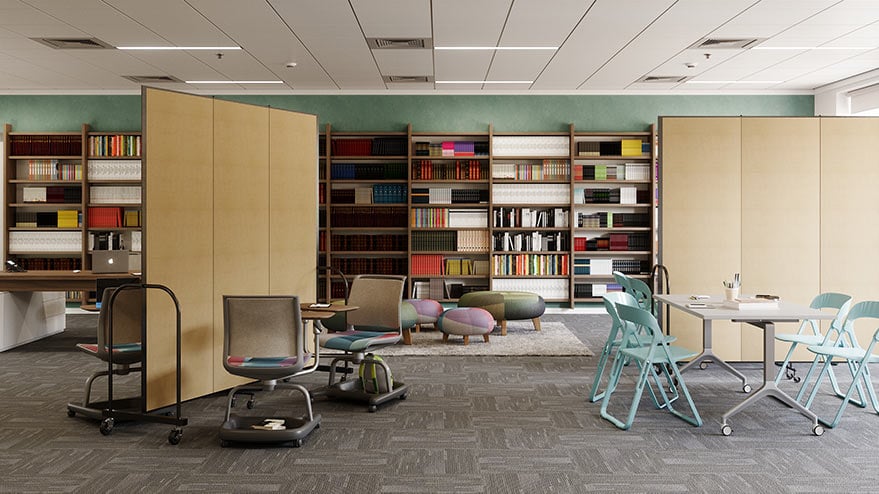 library pods- tan dividers in empty library