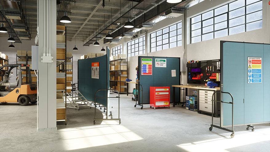 industrial warehouse dividers separating workspaces