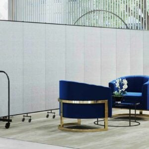 vinyl dividers behind two blue chairs in a hospitality