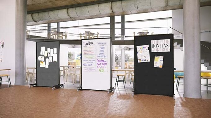 multipurpose ballistic whiteboard panels in cafeteria