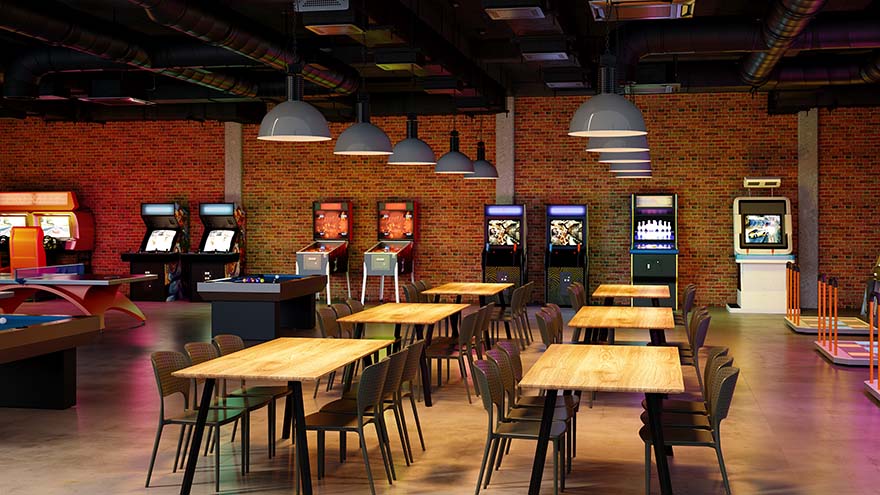 tables and chairs in arcade room