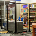 Woman On Phone Behind Clear Room Divider