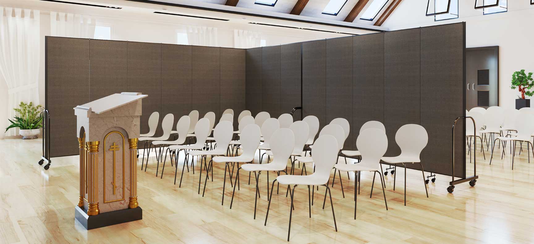 Gray Room Divider separating a church hall