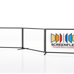three panel clear acrylic barricade with Screenflex logo on it