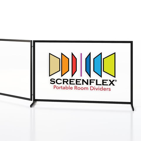 plexiglass barricade with Screenflex logo on it