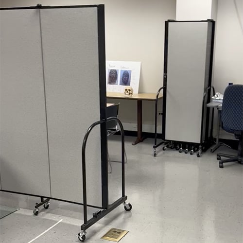 Science classroom with two gray room dividers in it