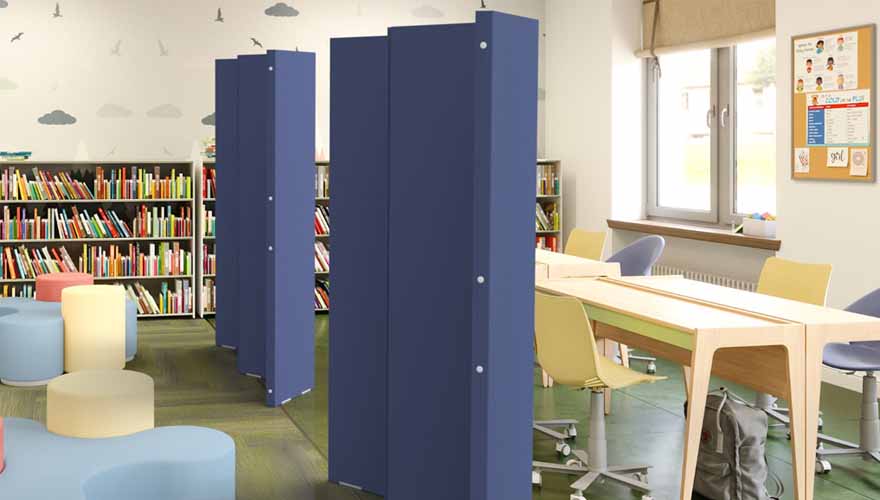 Blue acoustical divider in use