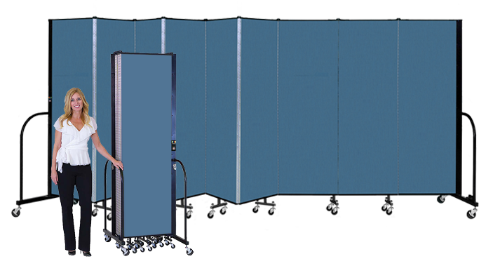 Woman Standing Next to Closed Divider. Open Divider Behind Her.