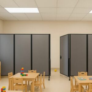 Two Full Motion Room dividers, one with a door attached, dividing an early childhood classroom into two areas.