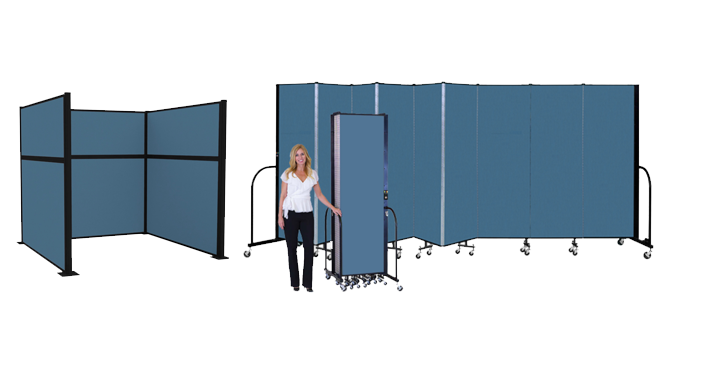 Lady Standing in front of Officeflex cubicle and Signature Room Divider. She is also standing next to another divider that is fully closed.
