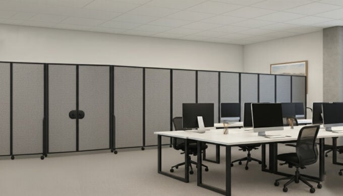 Open office with rolling acoustic partitions, shared desks, and computer workstations.