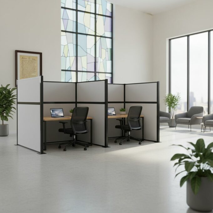 Small office cubicles with desks, computers, and gray privacy panels in a bright room.